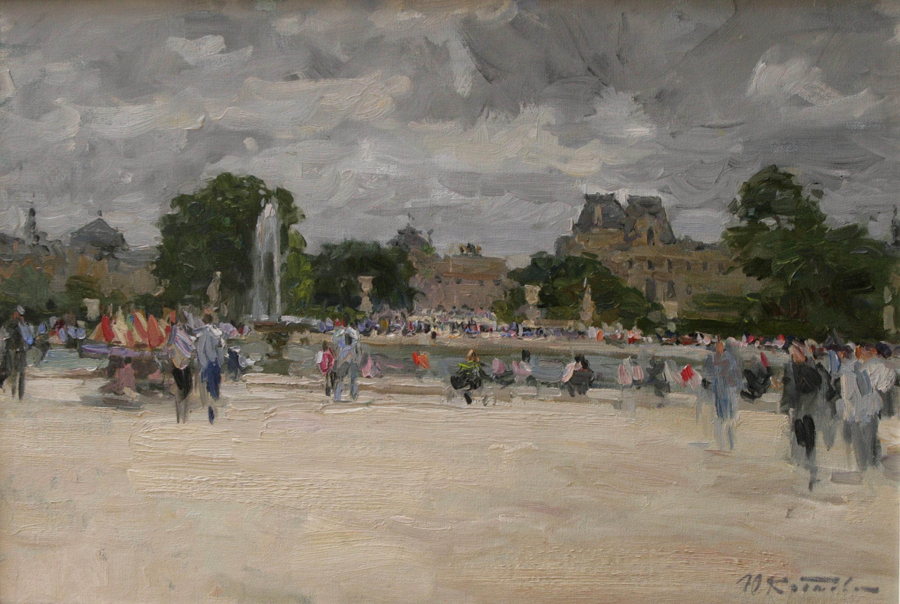 THE ROUND POND TUILLERRIES PARIS. YURI KROTOV  L'ARTISTE RUSSIAN CONTEMPORAIN - Post-impressionnisme Painting par Yuri Krotov