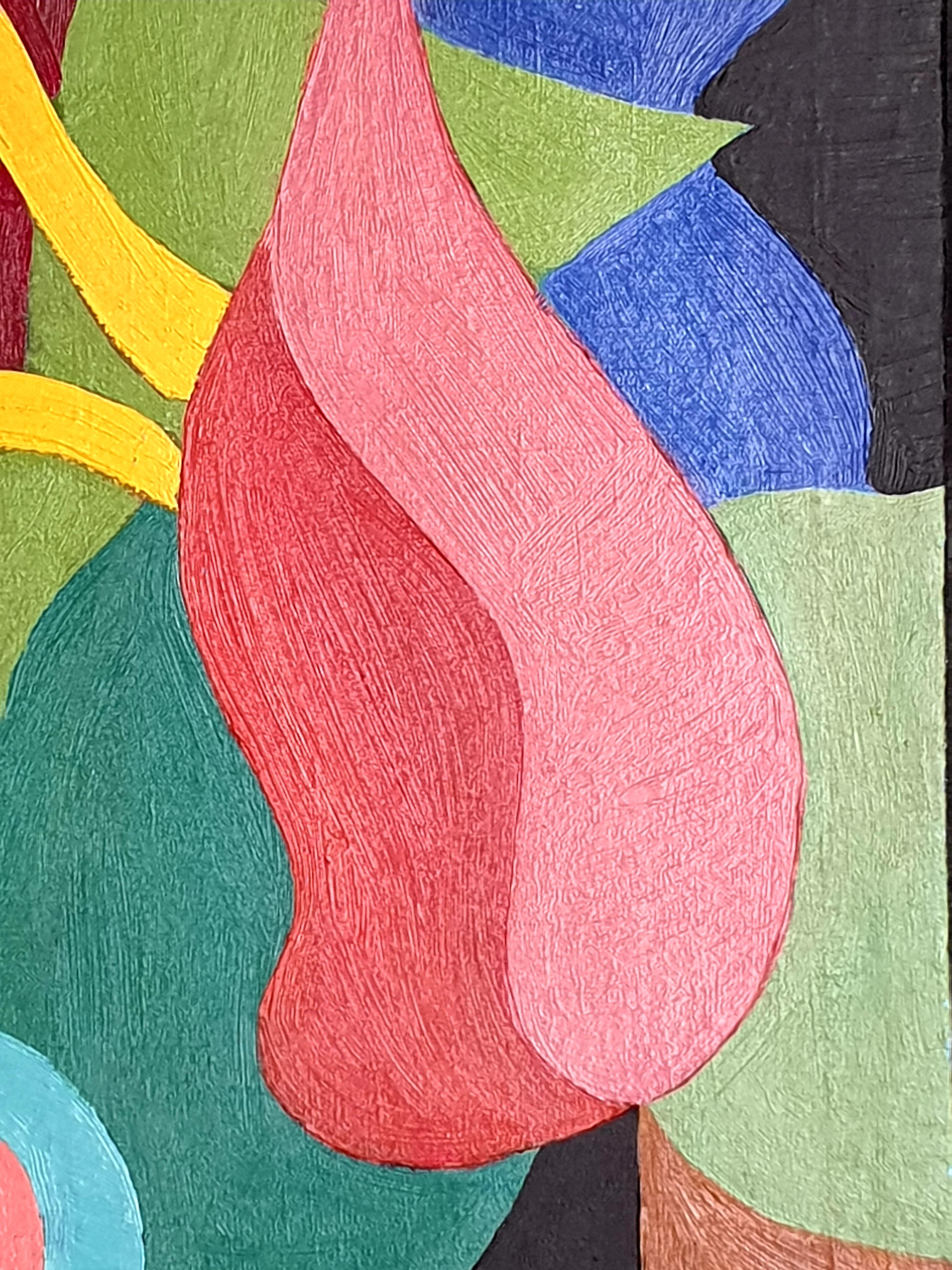 Olio astratto su tela di fiori della fine del XX secolo dell'artista russo Yuri Vassilievich Titov. Firmato, titolato e datato 1975 sul retro e presentato in una cornice a vassoio in legno nero.

Un'energica e coloratissima rappresentazione astratta