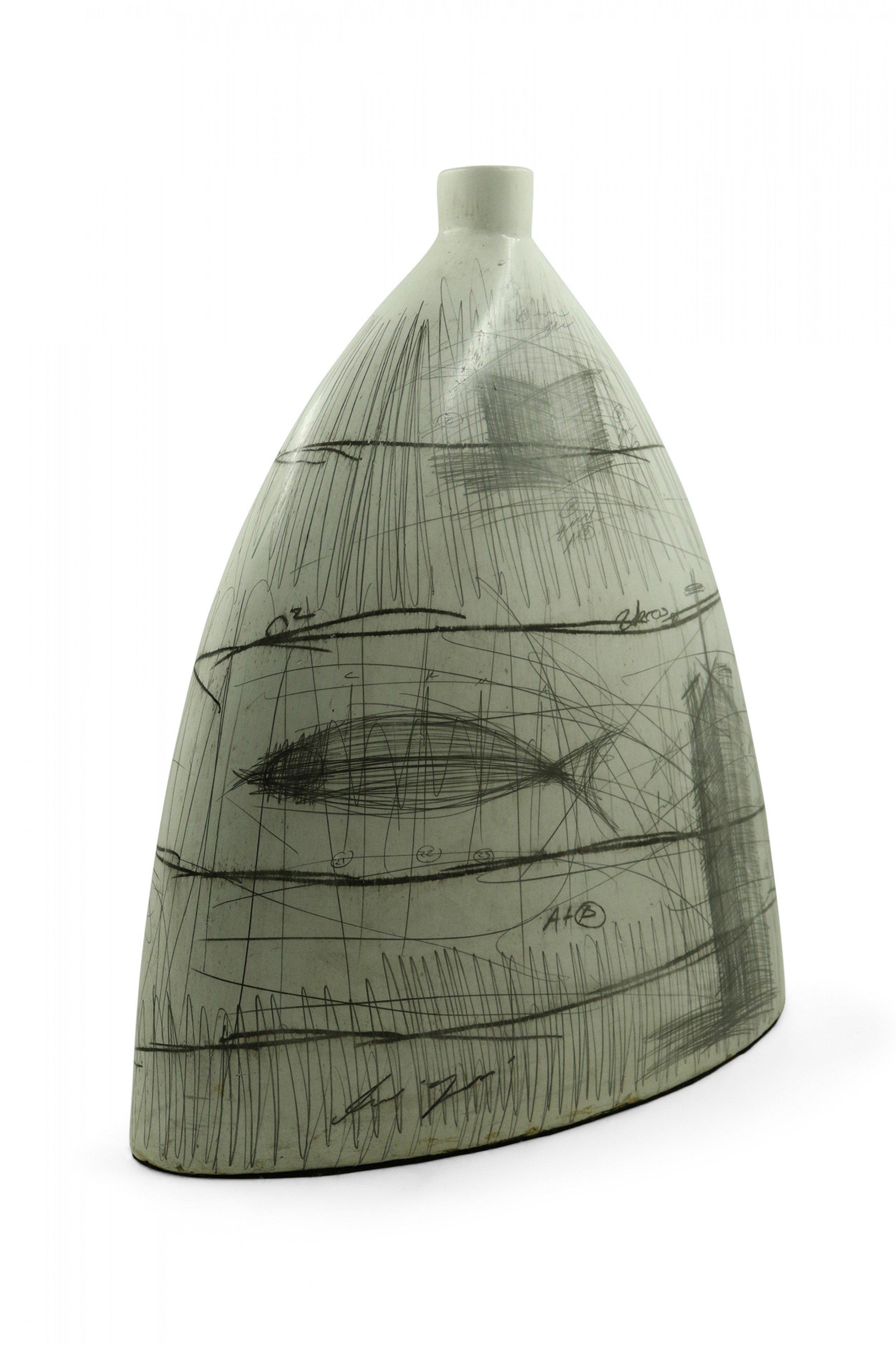 Ceramic Yuri Zatarain Contemporary Beige Charcoal Equation and Diagram Design Vase For Sale