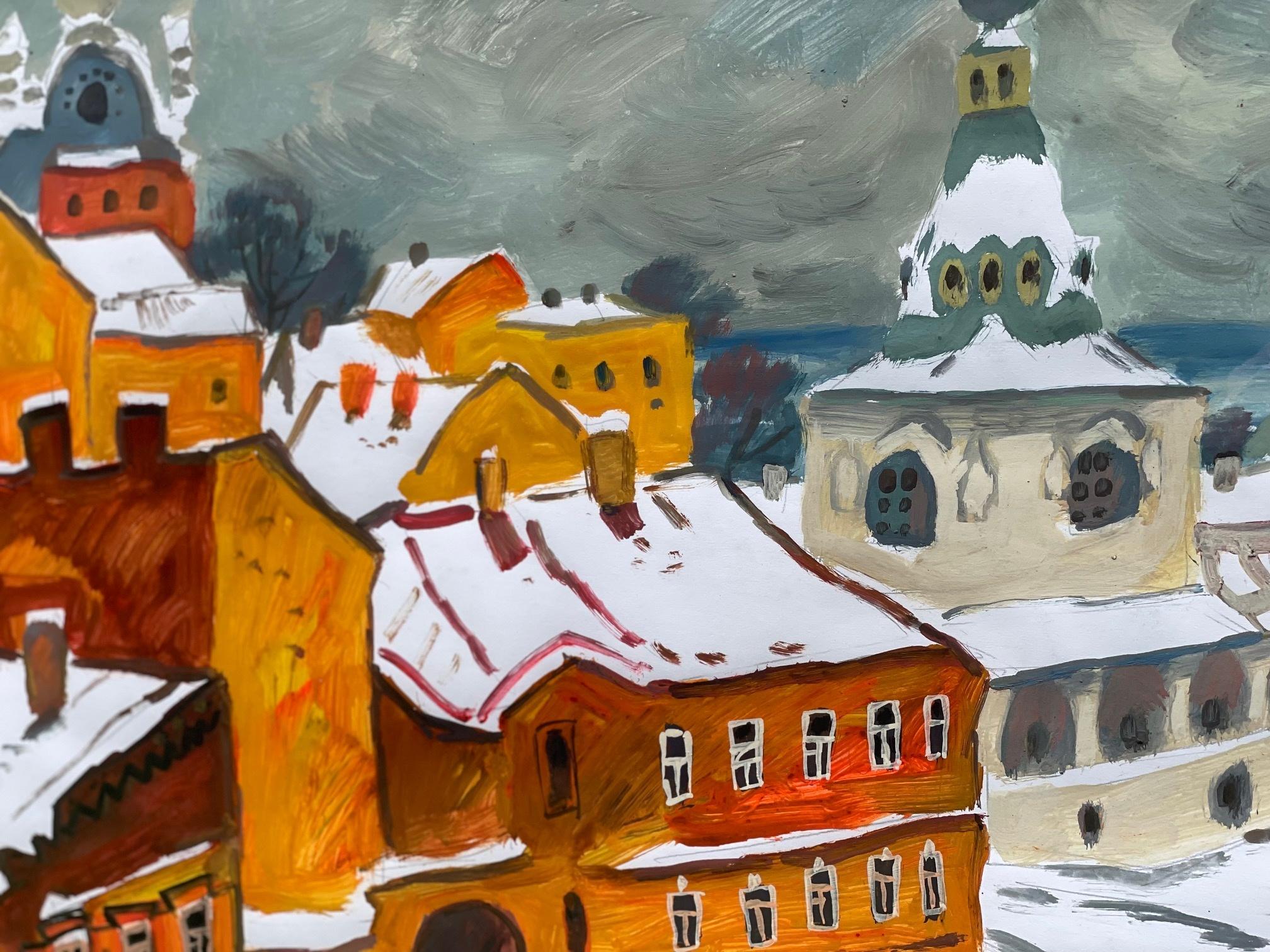 Winter scene in old town - Painting by Yuriy Khymych