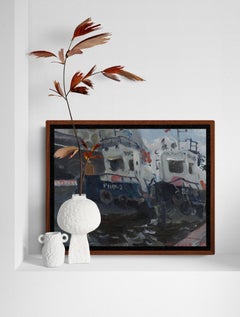 In the Port - 21st Century Contemporary Oil Maritime Painting