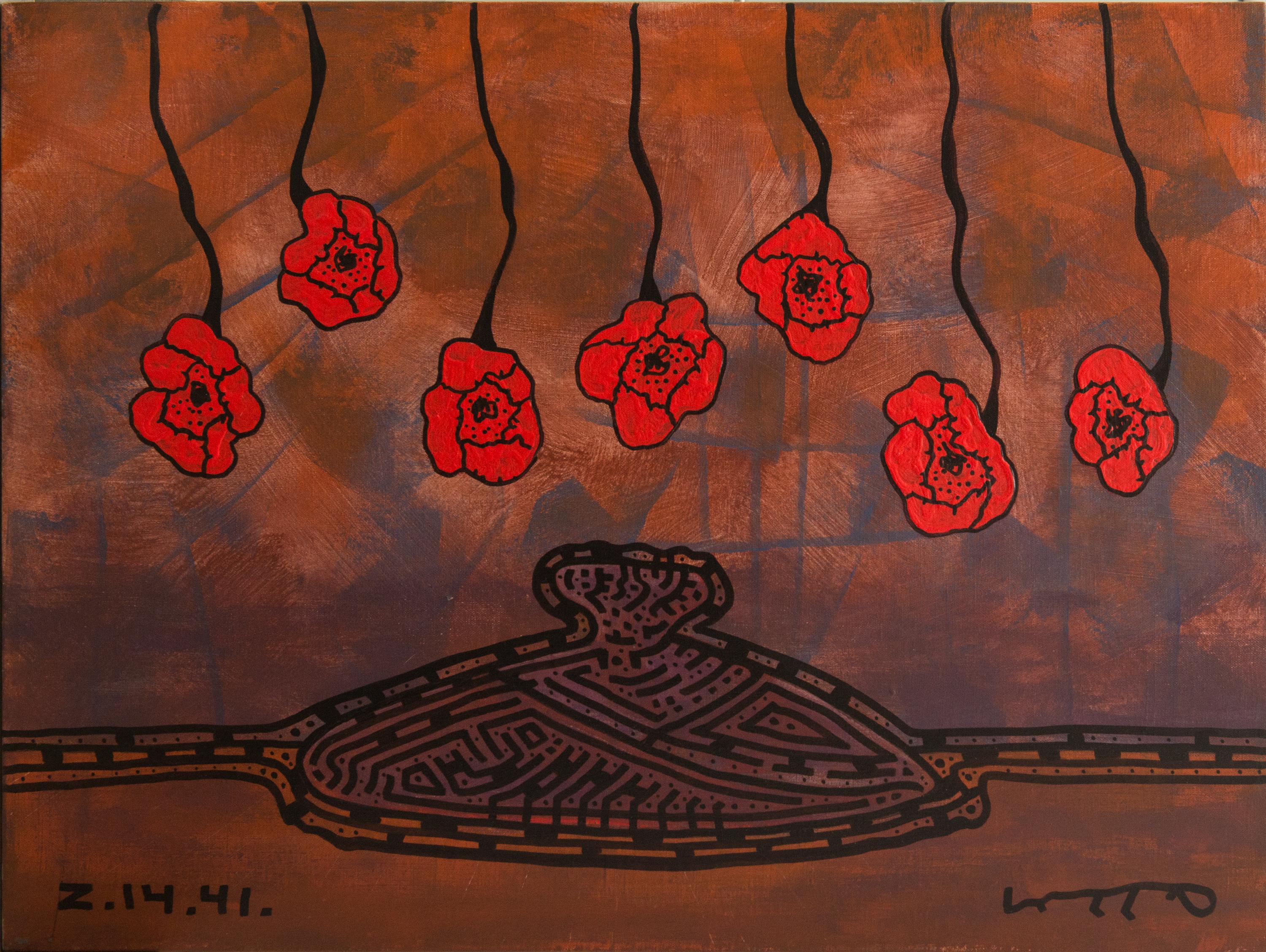 Yuriy Zakordonets Still-Life Painting - Still Life, Modern Surrealist Art Floral Painting Canvas Red Poppies Flowers