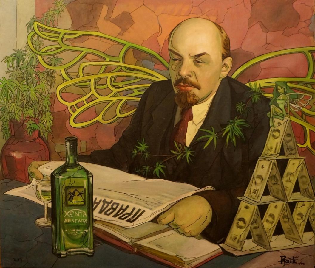 Yuriy Zakordonets Figurative Painting - True Leader, Contemporary Social Realist Art Political Portrait Humor Green Red