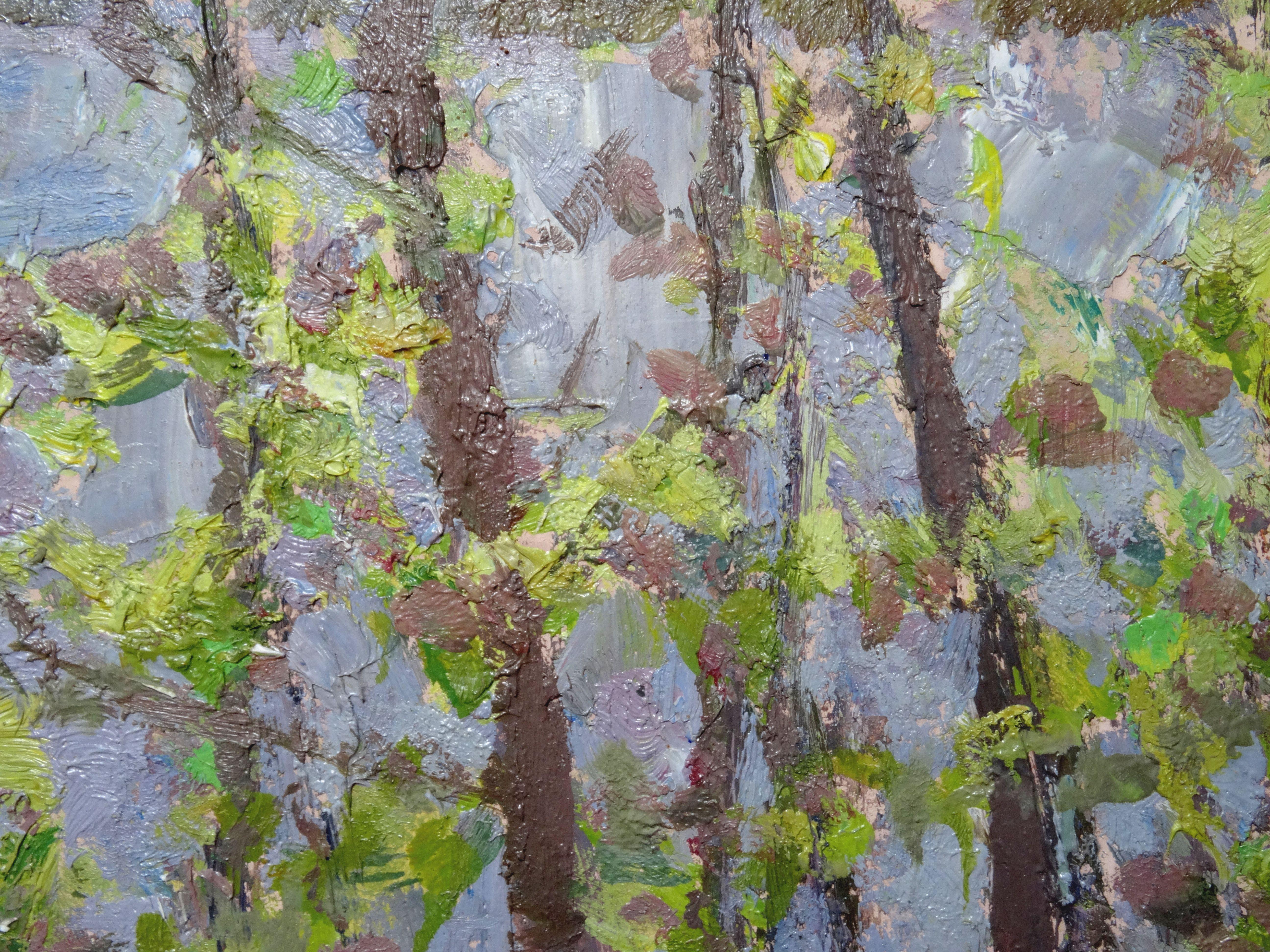 The greens are blooming. Cardboard, oil, 48x67 cm - Gray Interior Painting by Yuriy Zvyozdkin