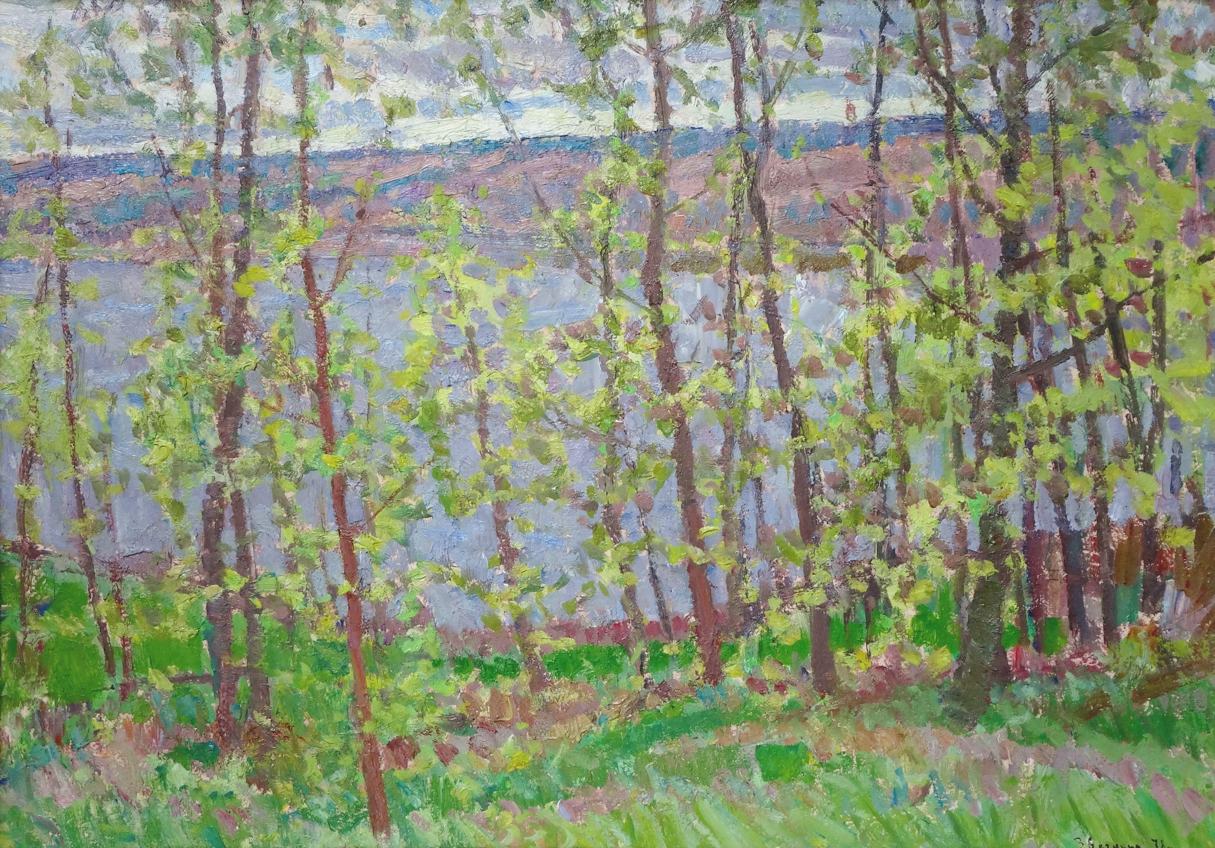 Yuriy Zvyozdkin Interior Painting - The greens are blooming. Cardboard, oil, 48x67 cm