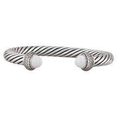 Yurman 1.40ctw Diamond White Agate Cuff Bracelet w/ Pouch Sterling Silver 6.5"