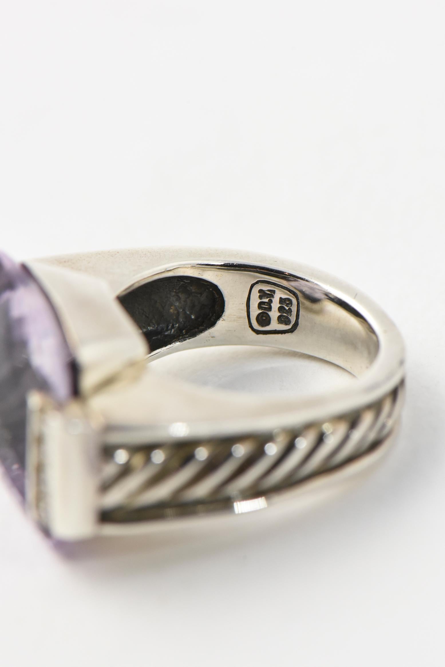 Round Cut Yurman Amethyst Diamond Sterling Silver Deco Cable Cocktail Ring For Sale