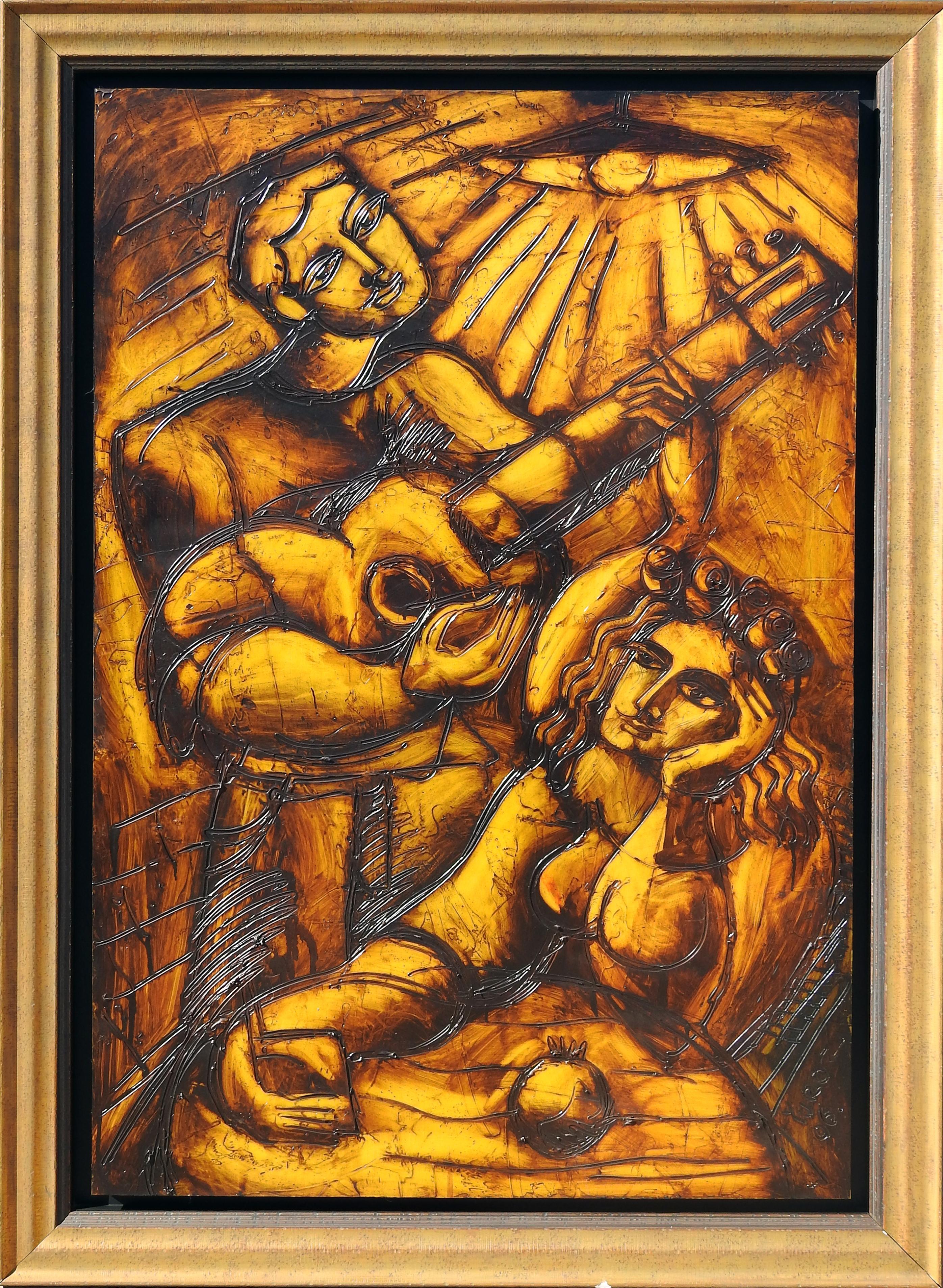 "A Time For Her" di Yuroz, 60 "x40", Olio originale su pannello, monocromia seppia