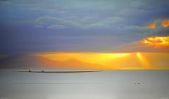 Dreamscape V32. Landscape Painting. Sunset. Minimalism. Boat on water. Sea. Sky