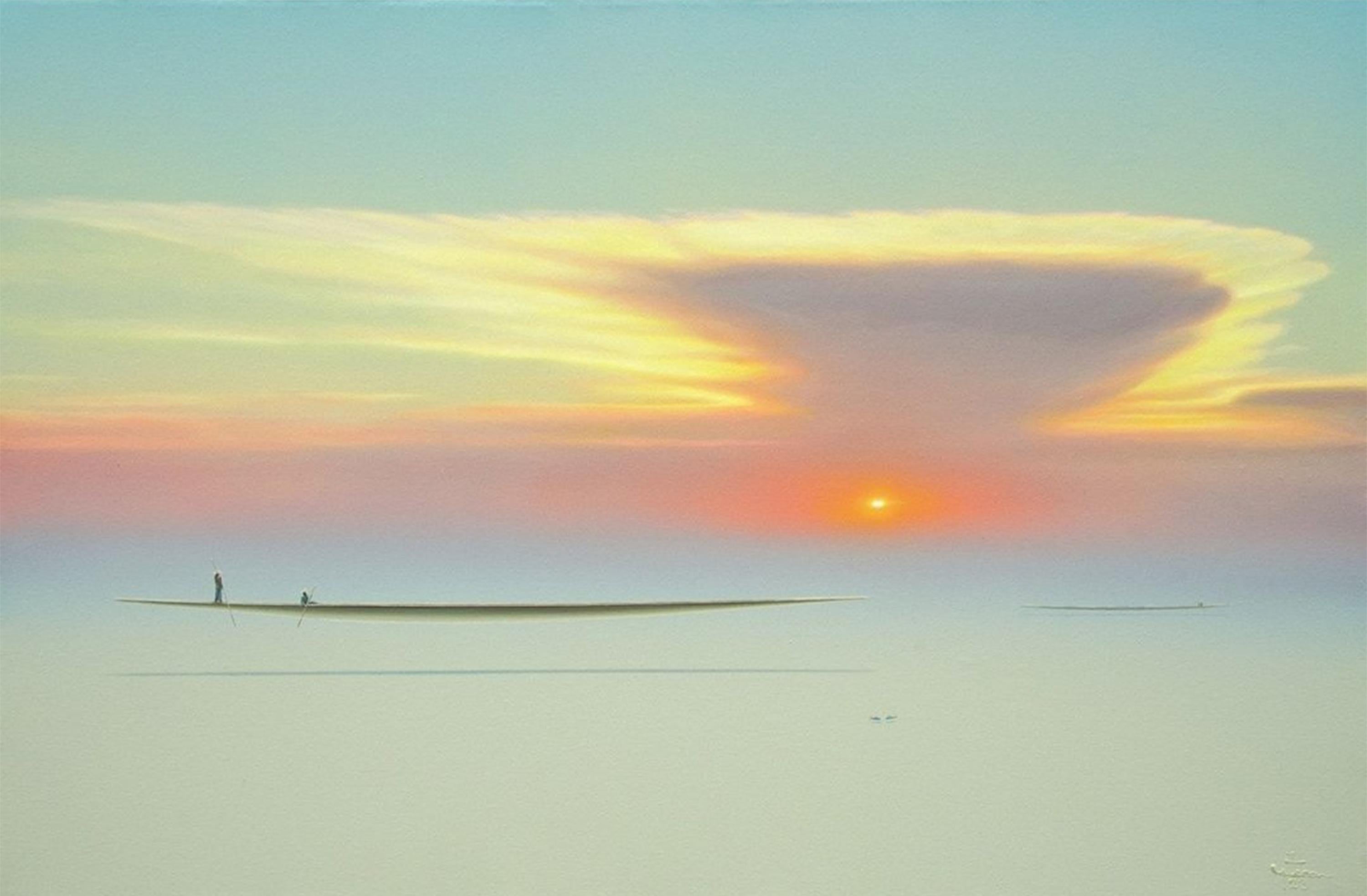 Dreamscape V54. Landscape Painting. Sunset. Minimalism. Boat on water - Mixed Media Art by Yuttana Chompupuen