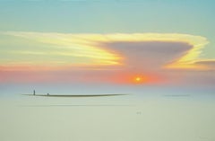 Dreamscape V54. Landscape Painting. Sunset. Minimalism. Boat on water