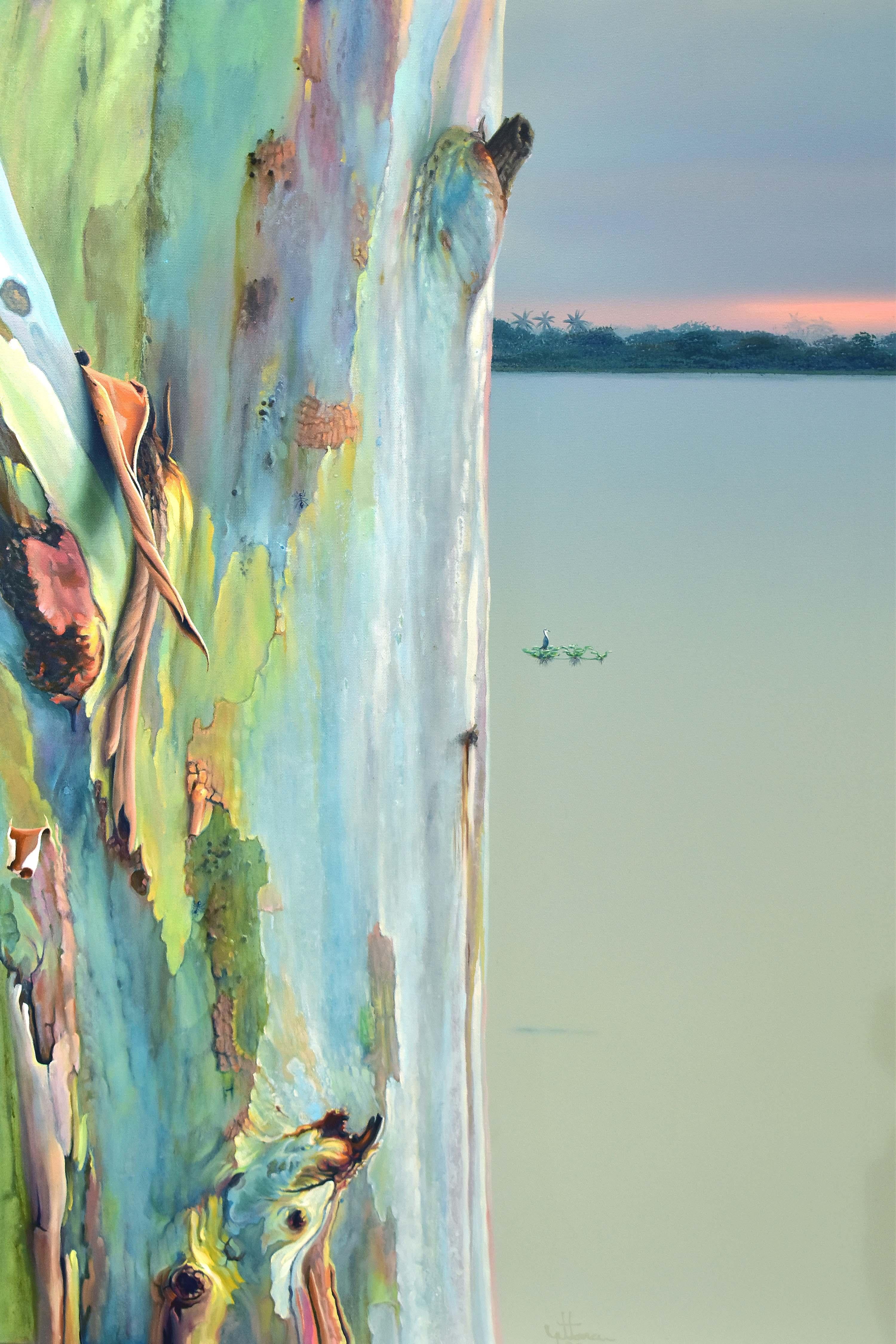 Eucalyptus V2.  Landscape Painting. Tree. Horizon. Sea. Sunset. Sky. Boat - Contemporary Mixed Media Art by Yuttana Chompupuen