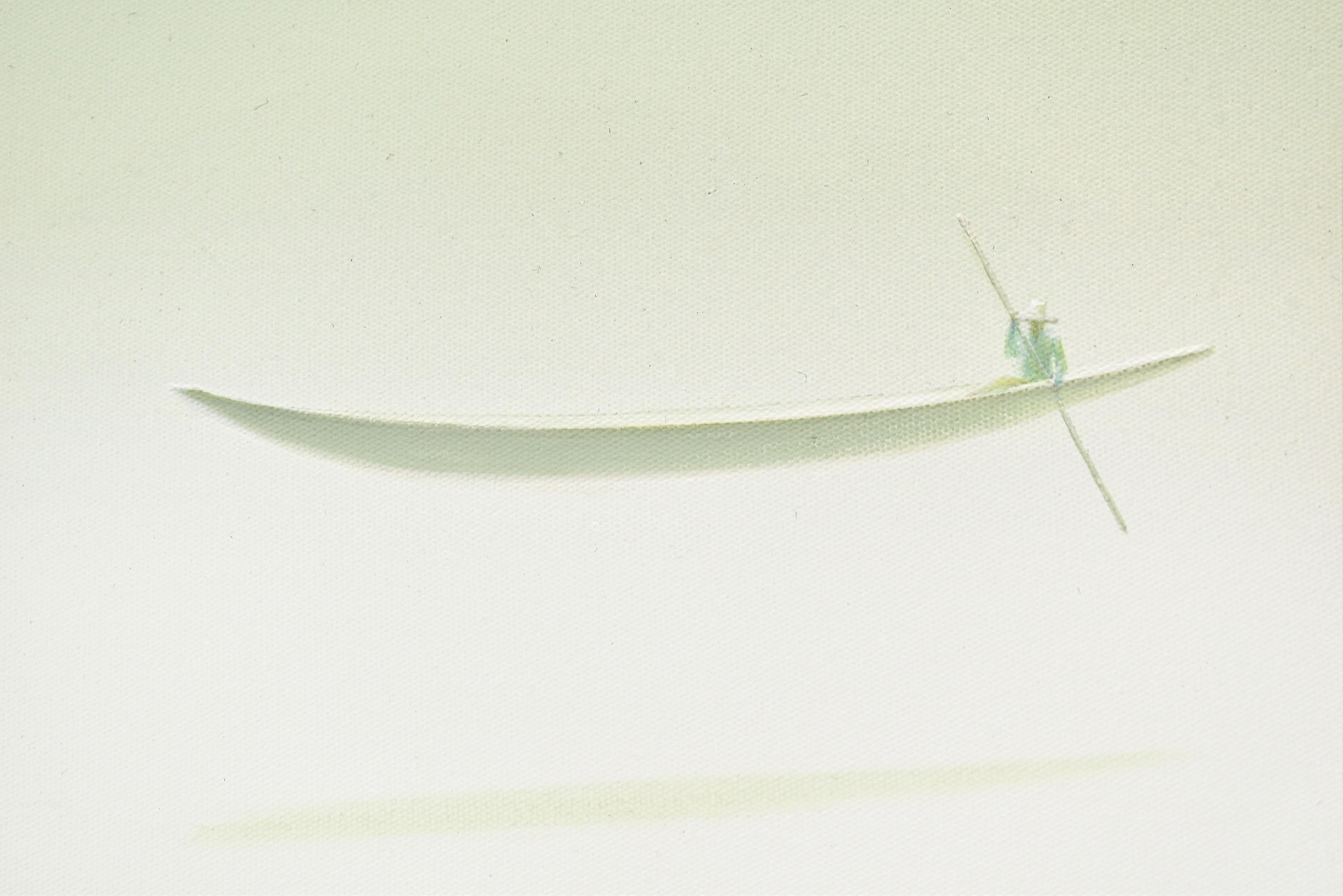 Feuille. Peinture de paysage. Le coucher du soleil. Le minimalisme. Bateau sur l'eau. Nature 1