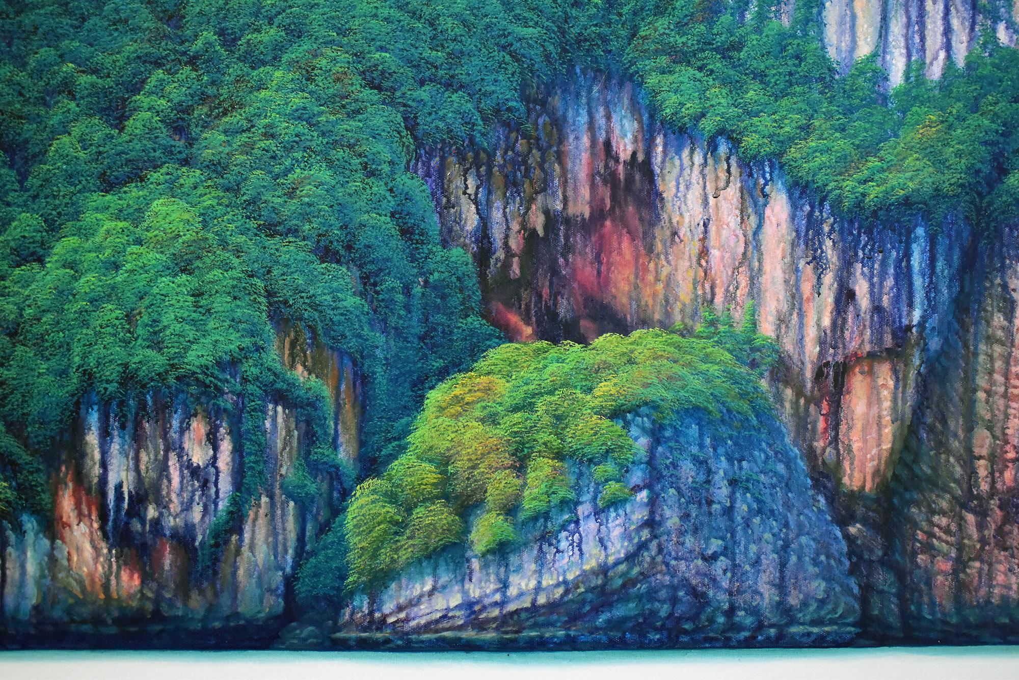 Limestone Mountain V6. Landschaft Wasserlandschaft Nature Cliff Serenity Tranquil Peace (Grau), Landscape Painting, von Yuttana Chompupuen