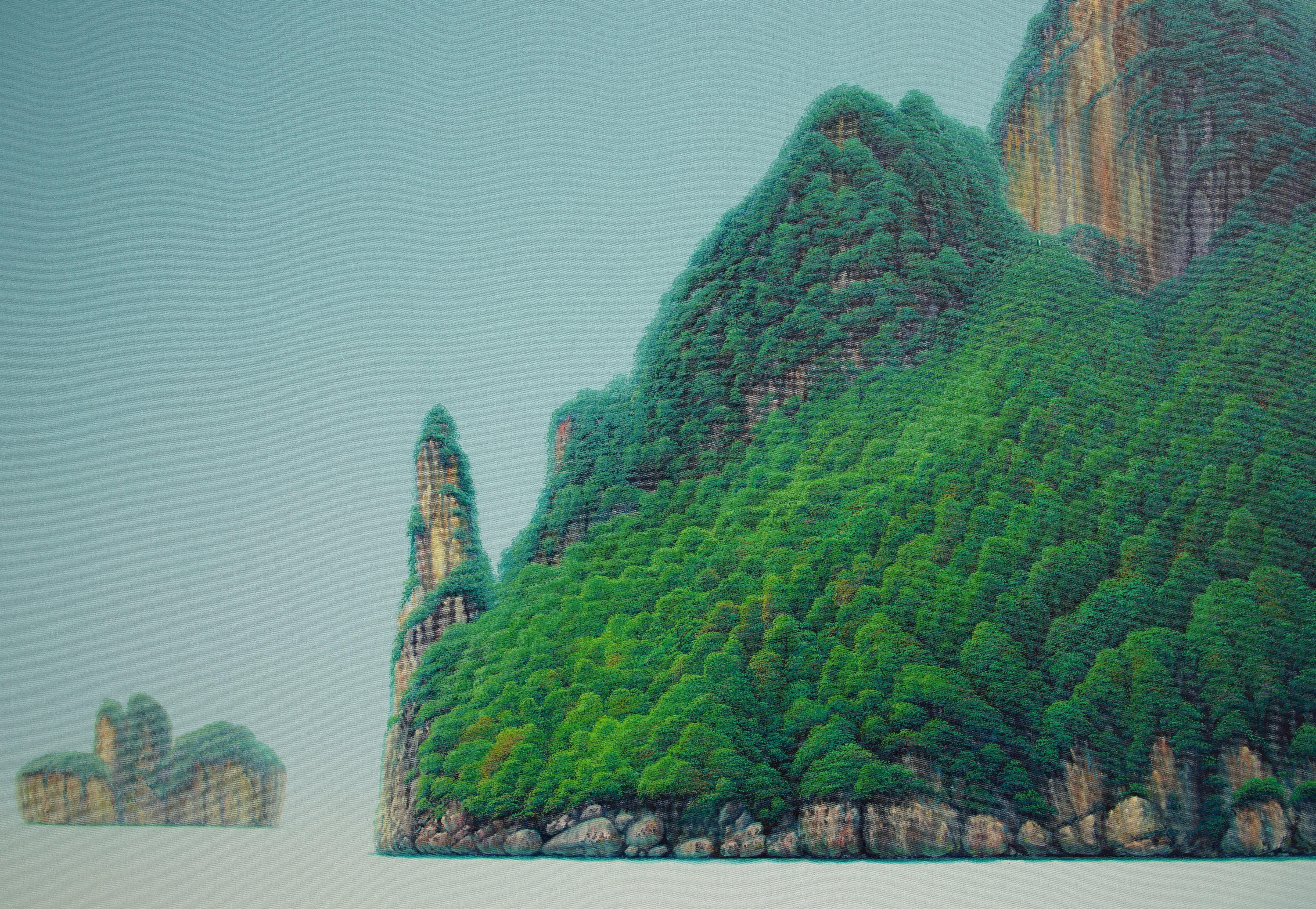 Limestone Mountain V7.Wasserlandschaft.Minimalismus.Tranquil Scenery Serenity Peace – Painting von Yuttana Chompupuen