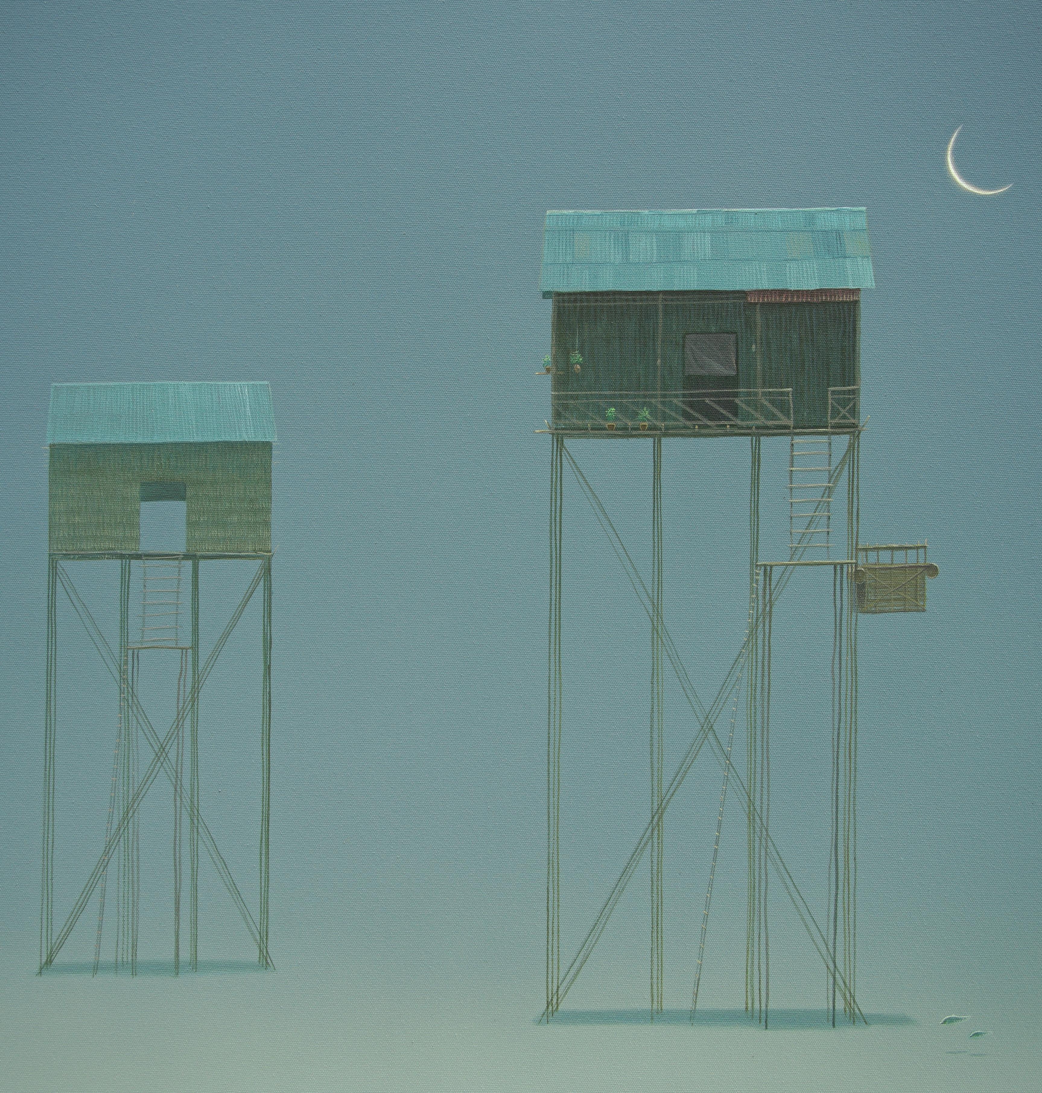 Long Legs House n°1 - Bleu Landscape Painting par Yuttana Chompupuen