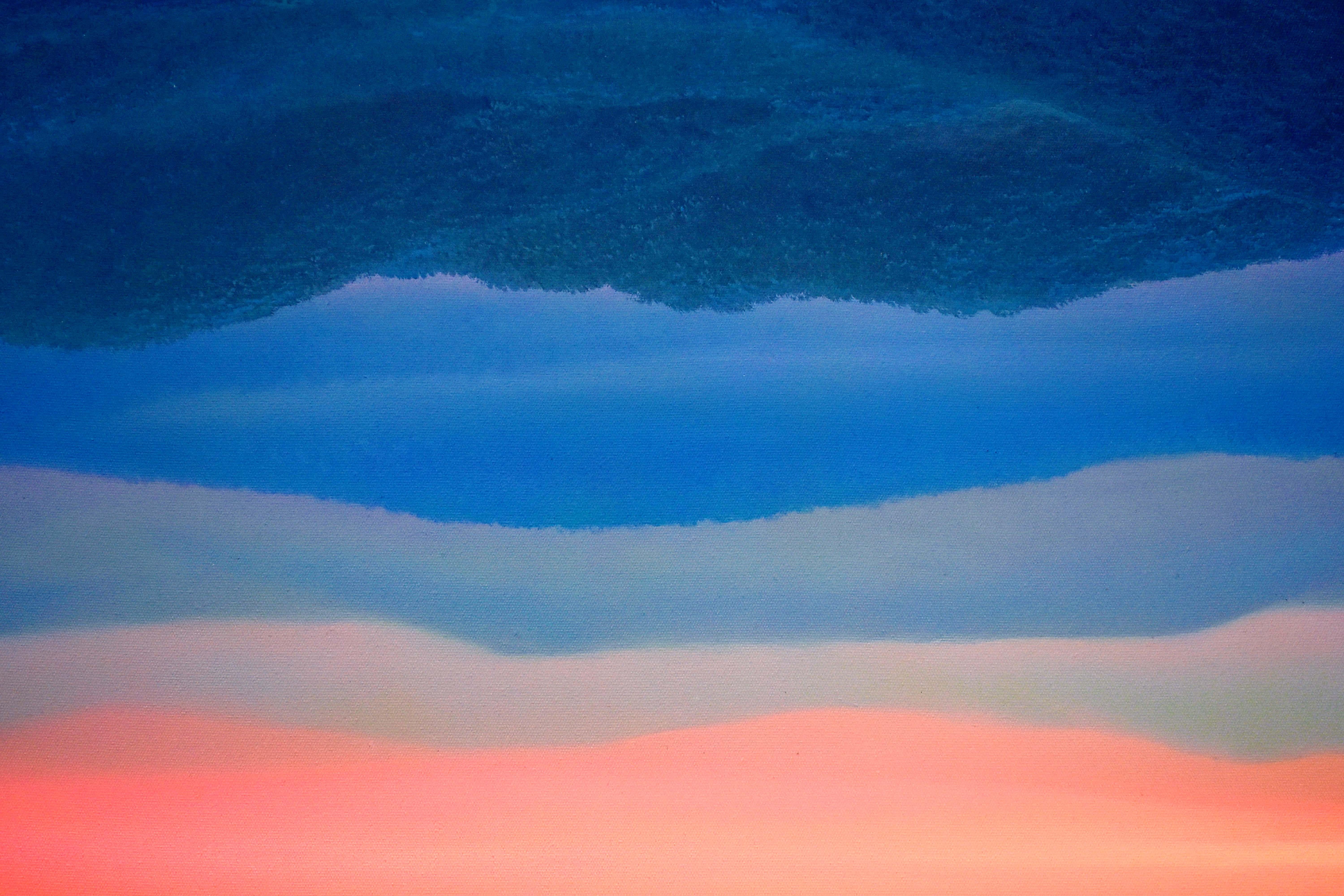 Ordinary Day. Landscape Painting. Sunset. Minimalism. Boat on water. Vibrant Sky - Contemporary Mixed Media Art by Yuttana Chompupuen