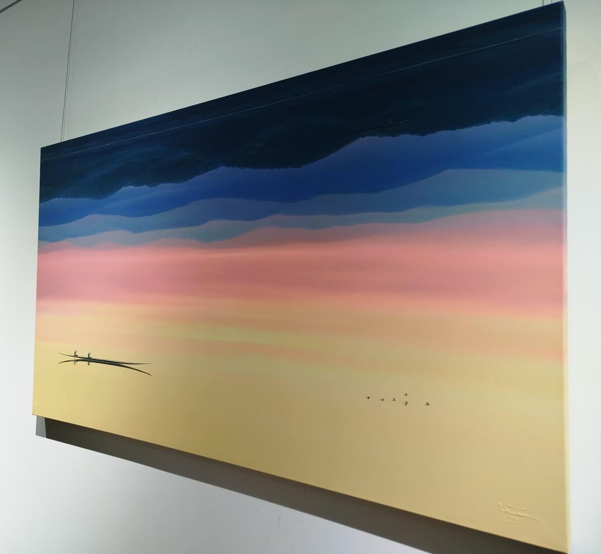 Journée ordinaire. Peinture de paysage. Le coucher du soleil. Le minimalisme. Bateau sur l'eau. Ciel vibrant 4