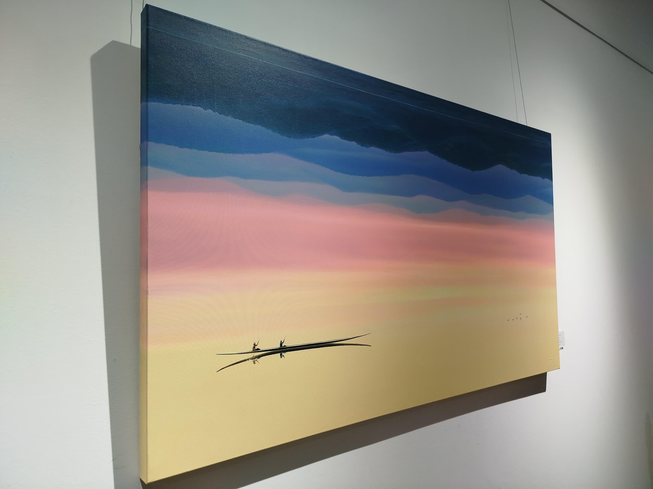 Journée ordinaire. Peinture de paysage. Le coucher du soleil. Le minimalisme. Bateau sur l'eau. Ciel vibrant 5