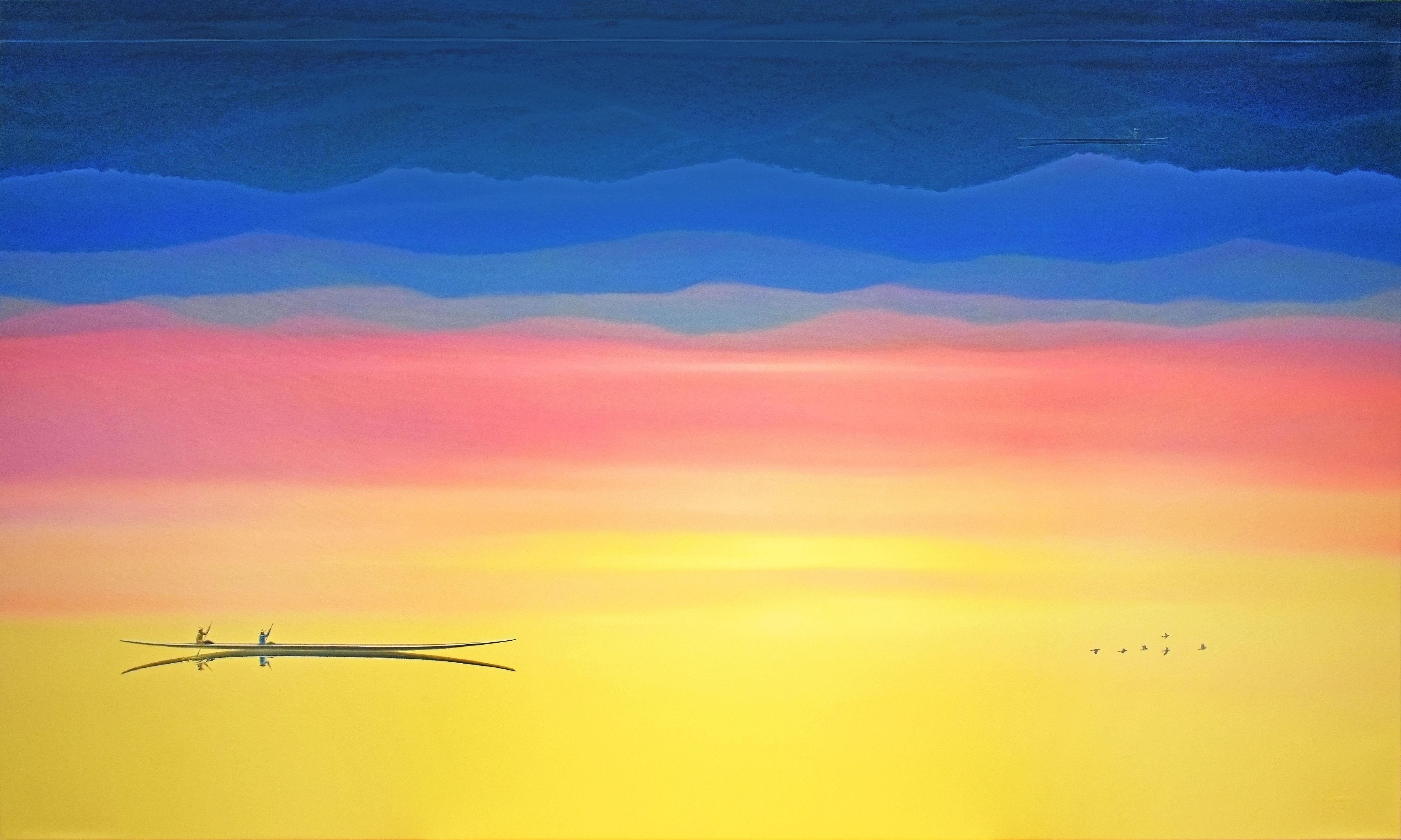 Ordinary Day. Landscape Painting. Sunset. Minimalism. Boat on water. Vibrant Sky - Mixed Media Art by Yuttana Chompupuen