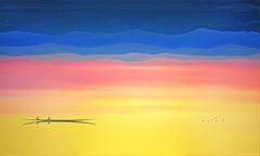 Ordinary Day. Landscape Painting. Sunset. Minimalism. Boat on water. Vibrant Sky