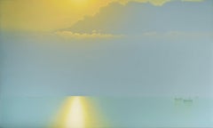 Arrêt sur image V2. Peinture de paysage. Le coucher du soleil. Le minimalisme. Bateau sur l'eau. Le ciel. Océan