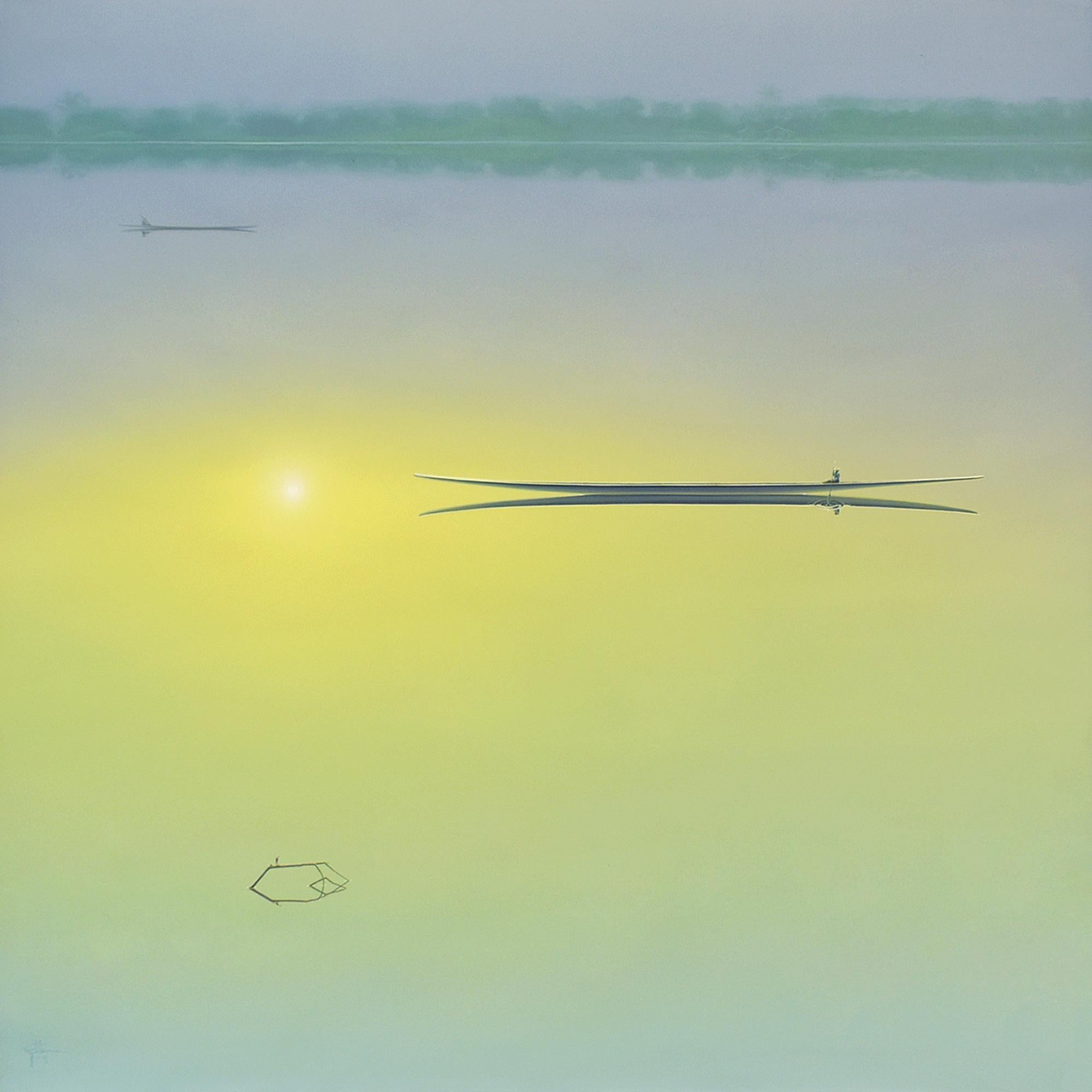 Sunshine River. Landscape Painting. Sunset. Minimalism. Boat on water. Floating - Mixed Media Art by Yuttana Chompupuen