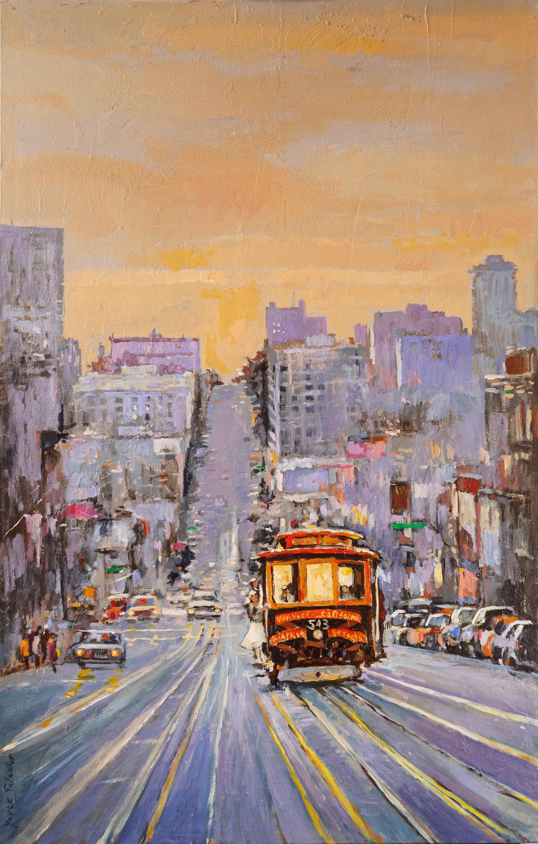 Cable Car No. 543 on California Street, Original Painting - Art by Yuvak Tuladhar