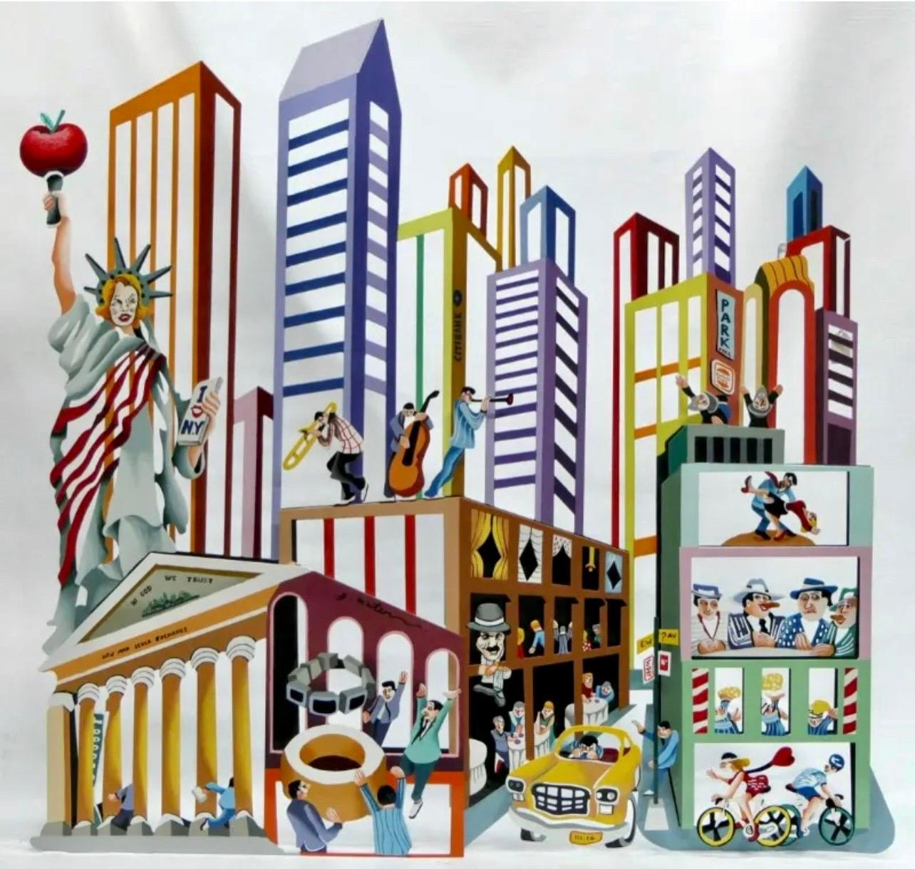 Große Metall-Skulptur Wandbehang 3D Malerei New York City Whimsical Pop Art – Painting von Yuval Mahler