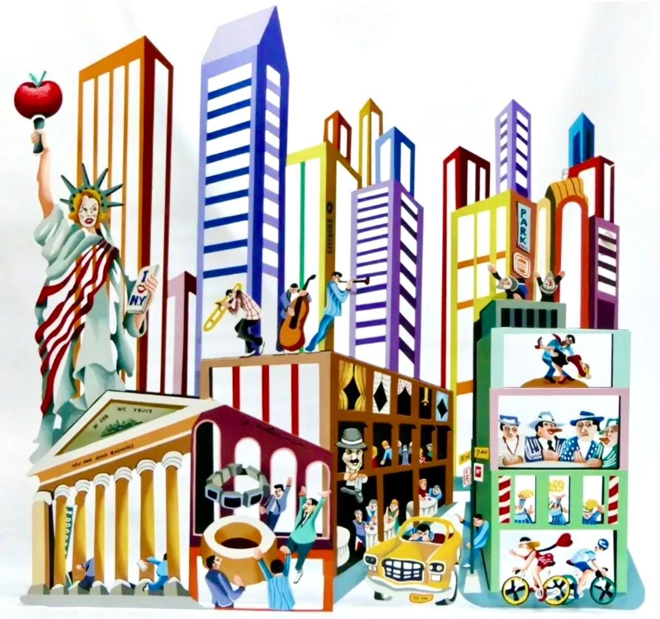 Grande sculpture murale en métal suspendue 3D Peinture Pop Art fantaisiste de New York