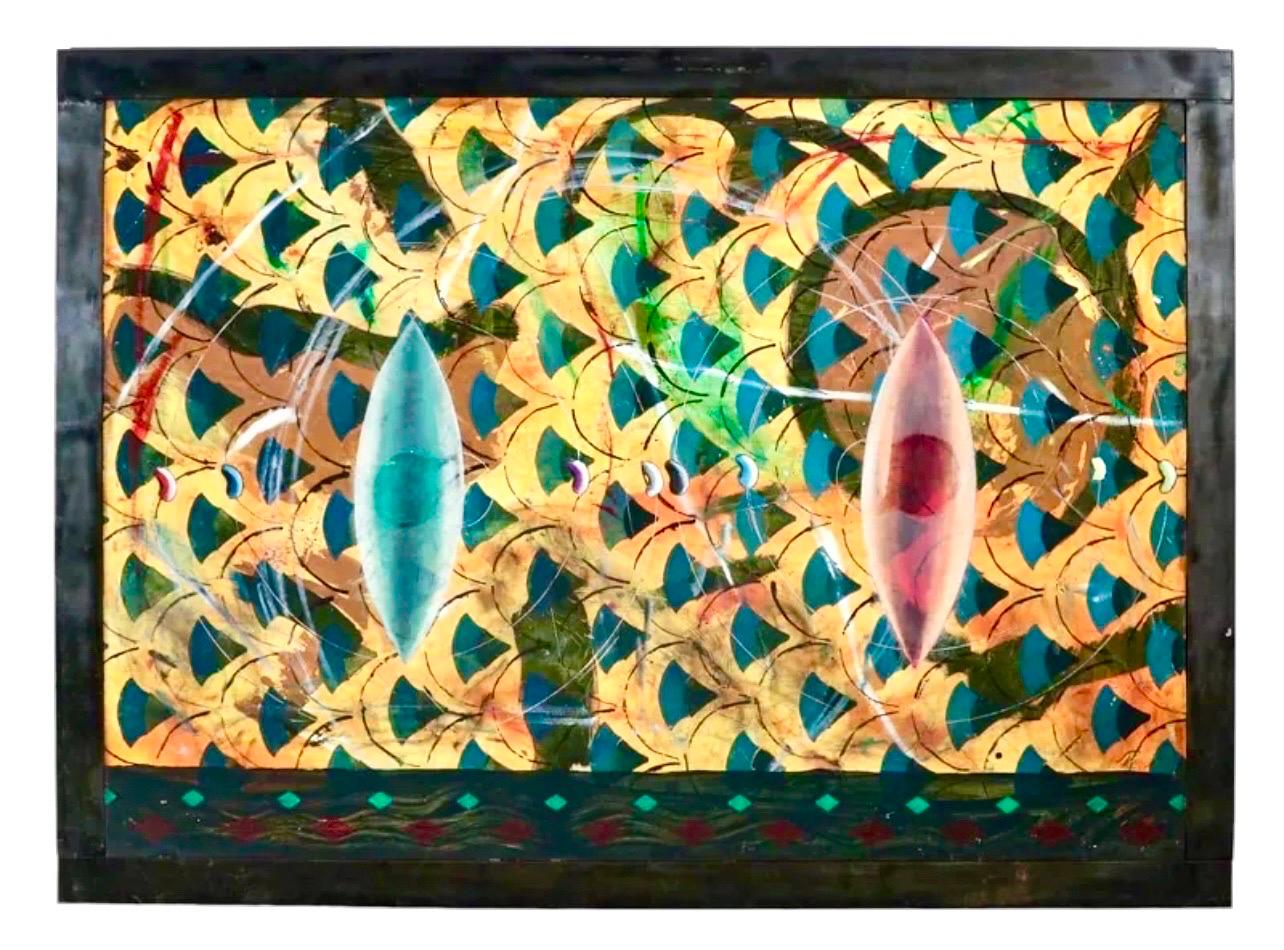 Grande pittura ad olio con motivi astratti e decorazioni israeliane Yuval Shaul con cornice in acciaio