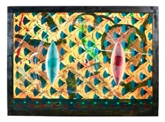 Grande peinture à l'huile israélienne abstraite avec motifs et décoration Yuval Shaul Cadre en acier