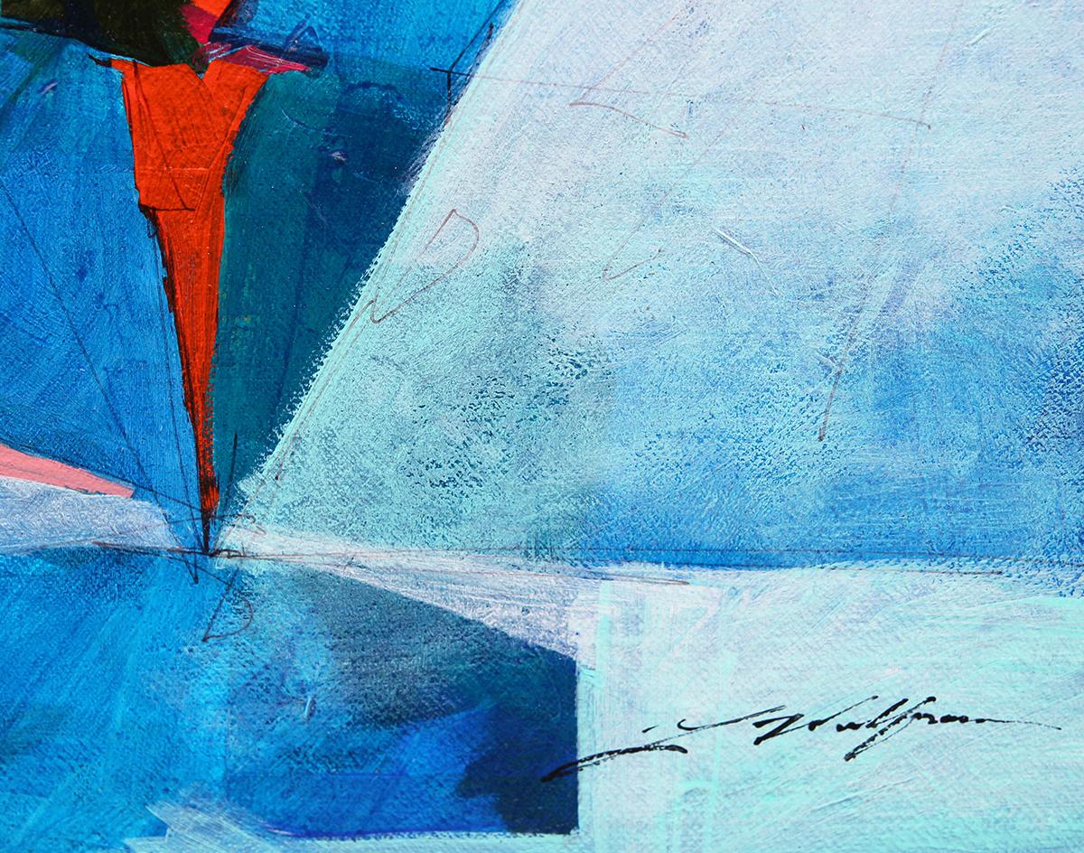 Pink, Teal, Blue, and Green Cubist Sailboats Seascape Painting 6