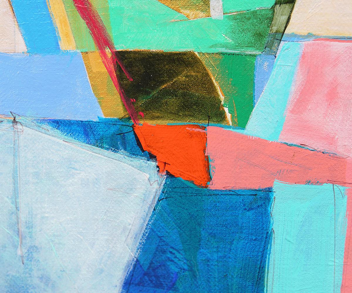 Pink, Teal, Blue, and Green Cubist Sailboats Seascape Painting 7