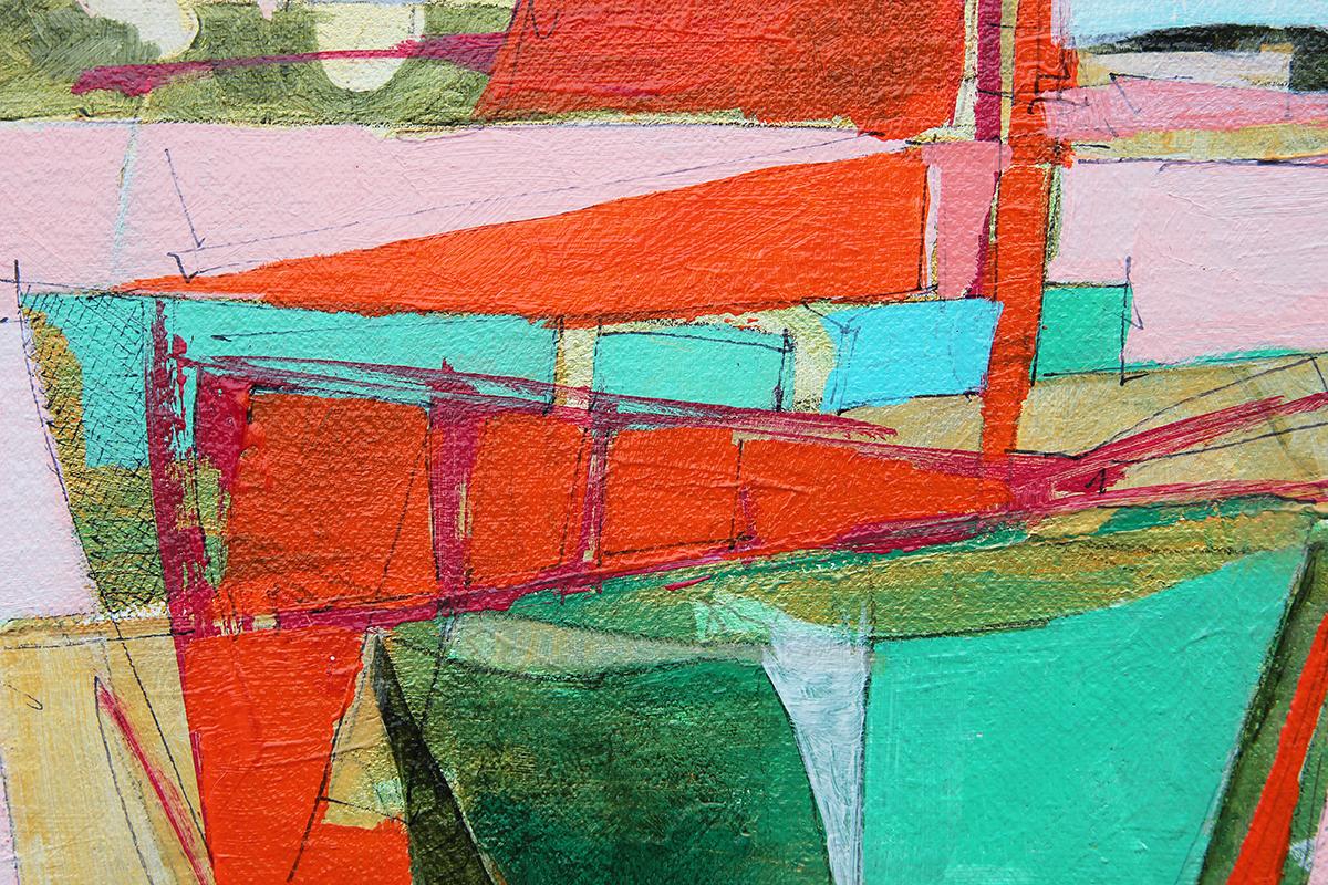 Pink, Teal, Blue, and Green Cubist Sailboats Seascape Painting 8