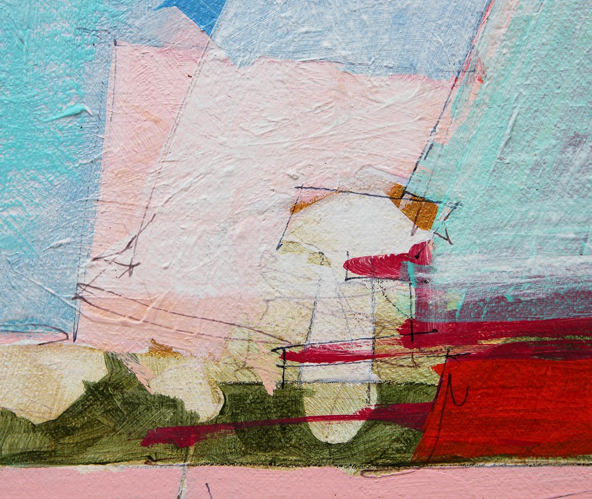 Pink, Teal, Blue, and Green Cubist Sailboats Seascape Painting 9