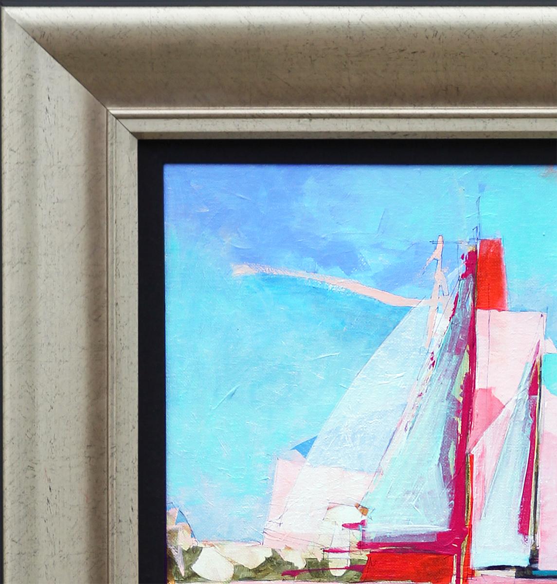 Pink, Teal, Blue, and Green Cubist Sailboats Seascape Painting - Gray Abstract Painting by Yuval Wolfson