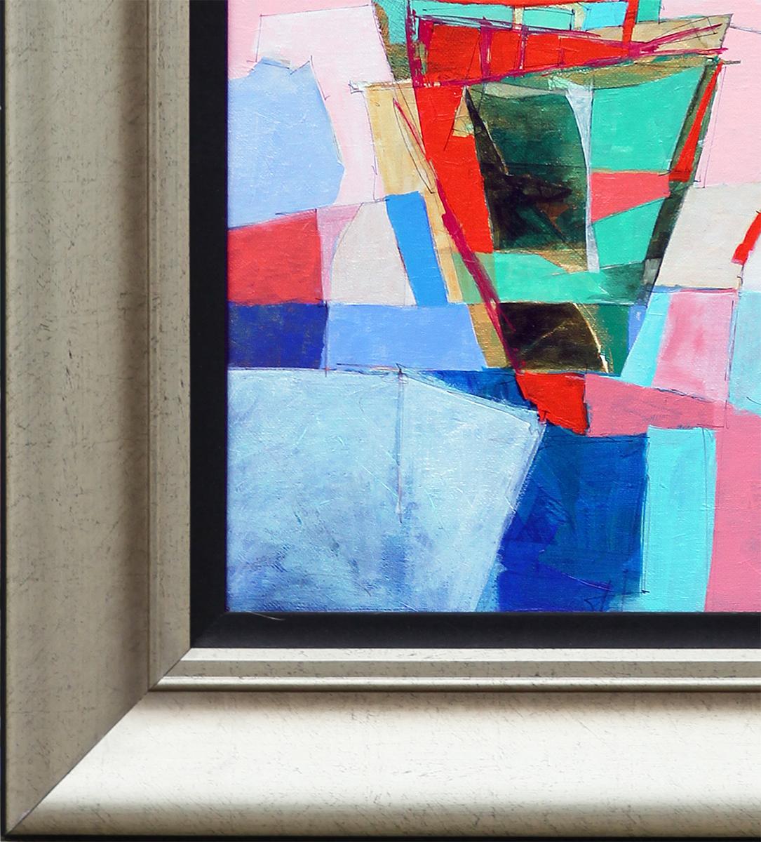 Pink, Teal, Blue, and Green Cubist Sailboats Seascape Painting 1
