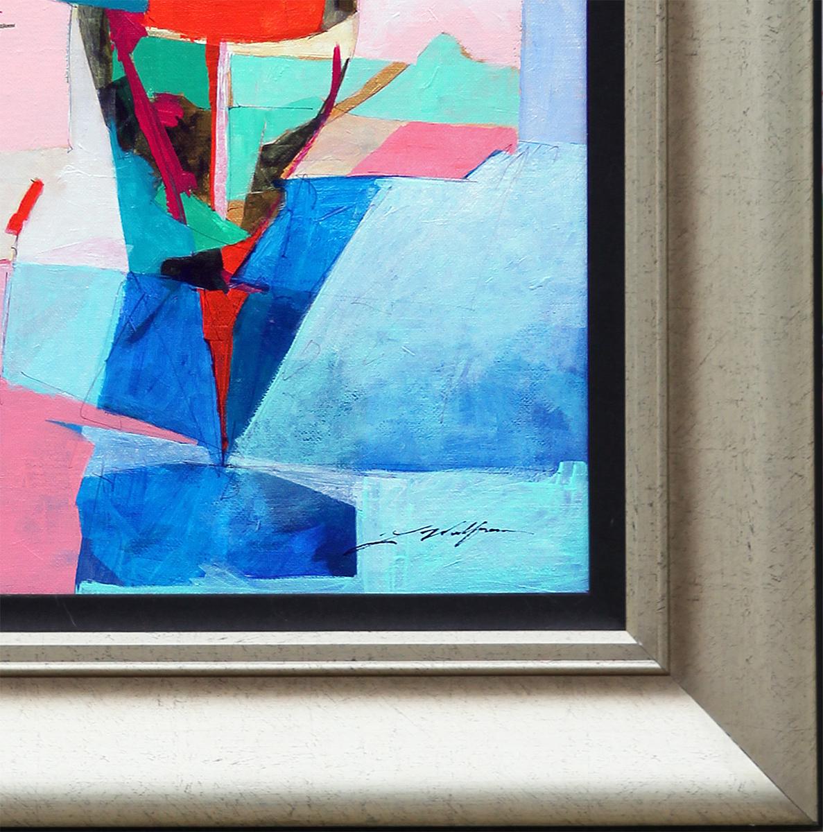 Pink, Teal, Blue, and Green Cubist Sailboats Seascape Painting 2