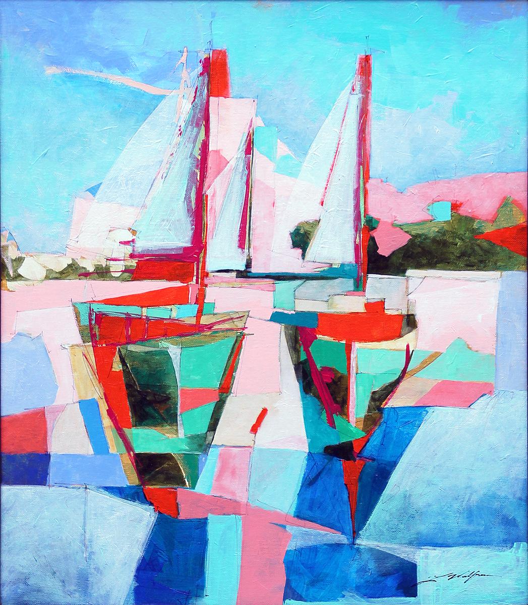 Pink, Teal, Blue, and Green Cubist Sailboats Seascape Painting 3