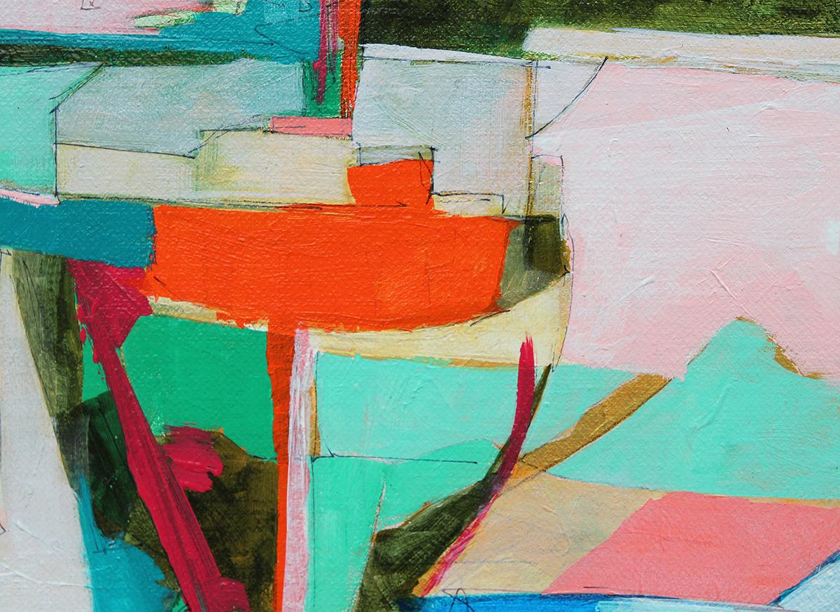 Pink, Teal, Blue, and Green Cubist Sailboats Seascape Painting 4