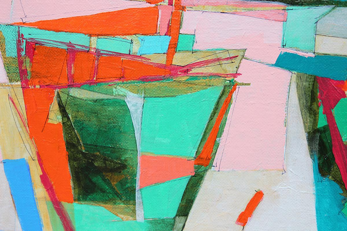 Pink, Teal, Blue, and Green Cubist Sailboats Seascape Painting 5