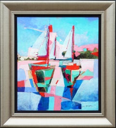 Pink, Teal, Blue, and Green Cubist Sailboats Seascape Painting