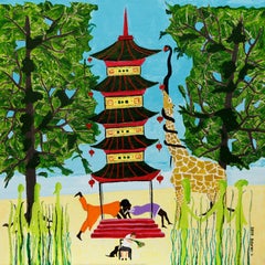 Pagoda and boubous Yvan Gradis Contemporary art painting colour humour landscape