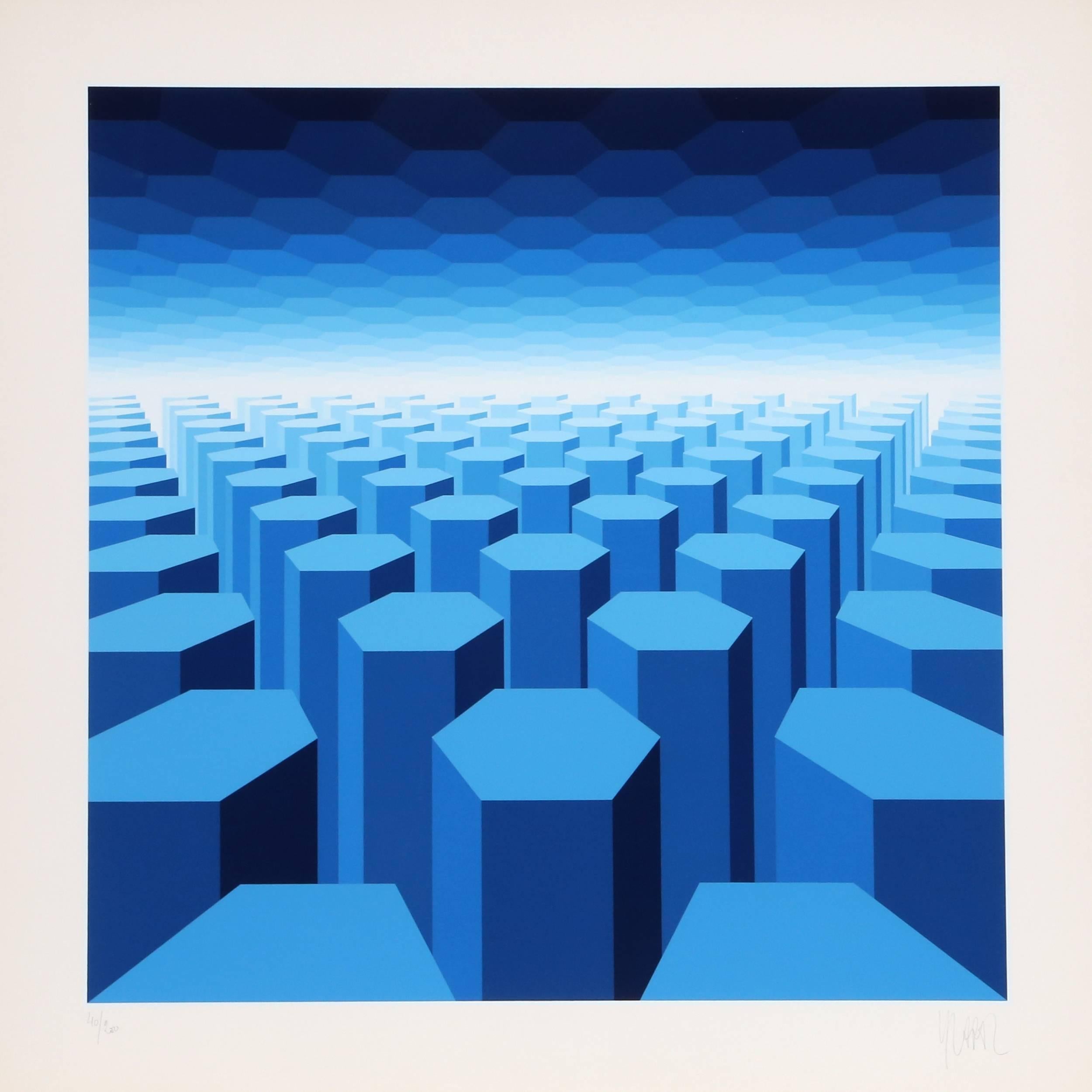 Yvaral (Jean-Pierre Vasarely) Abstract Print - 50 Shades of Blue