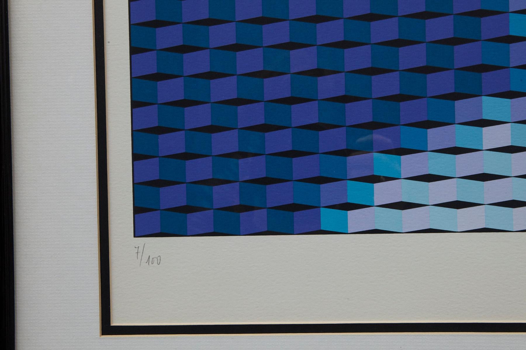 Mona Lisa - Blue Abstract Print by Yvaral (Jean-Pierre Vasarely)