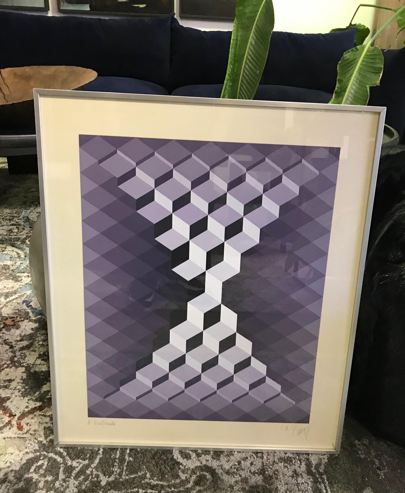 Known professionally as Yvaral, French artist Jean-Pierre Vasarely was the son of Opt Art pioneer Victor Vasarely. Yvaral continued his father's legacy working in both the opt-art and kinectic art fields He co-founded the Groupe de Recherche d’Art
