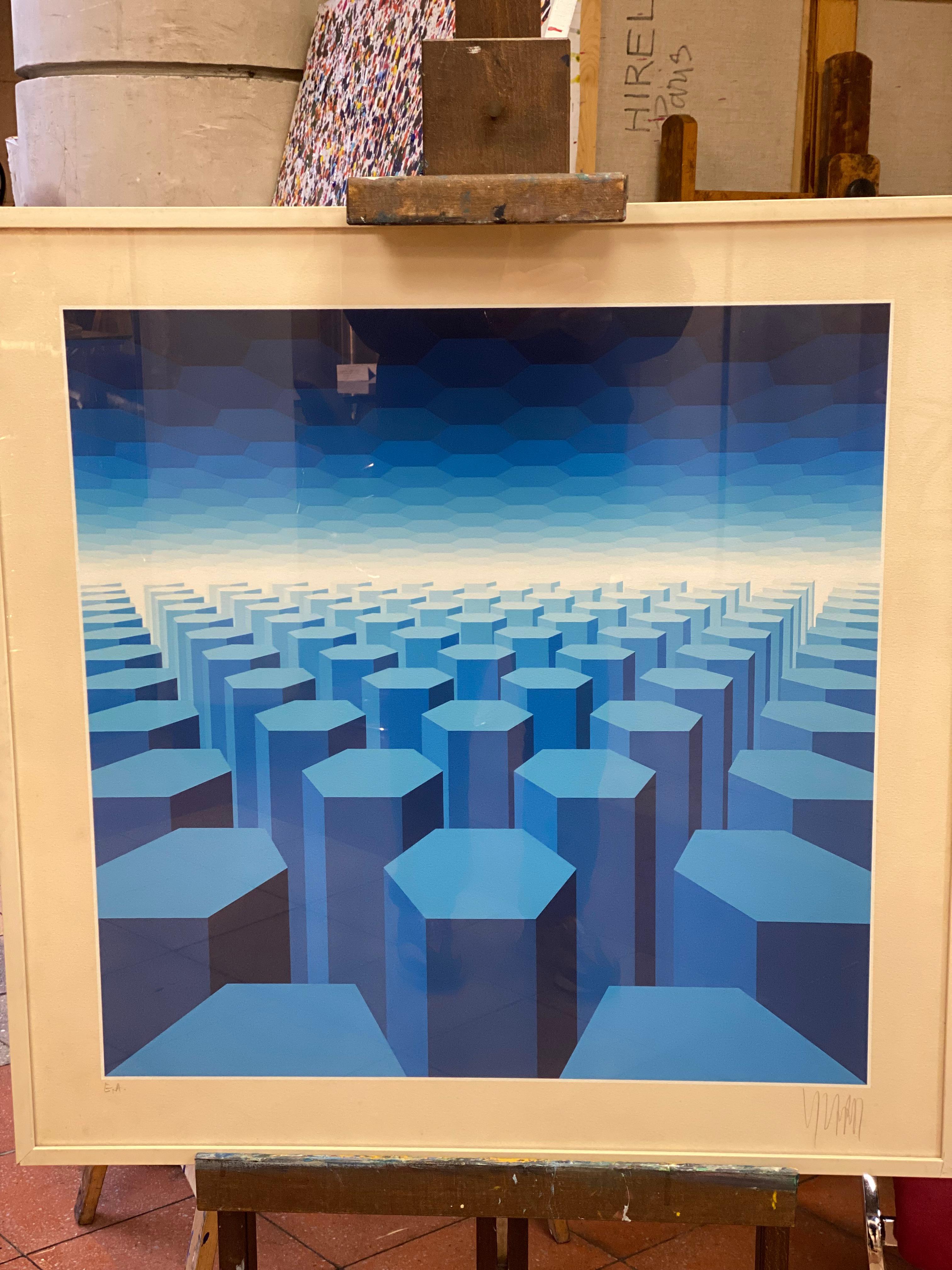 Yvaral (Jean Pierre Vasarely)
“So Shades of Blue”
Screen printing
Artist proof / 200 Ex
Monkey in pencil
Circa 1970
Frame 75 x 75 cm
In perfect good condition