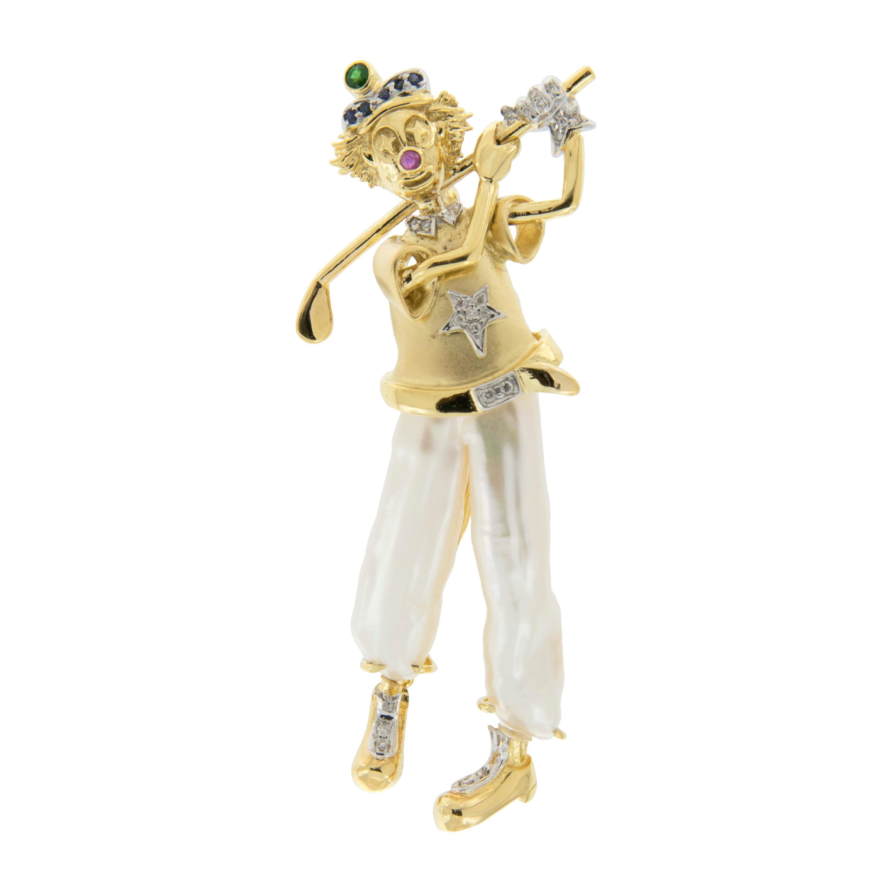 Yvel 18 Karat Gold Pearl Diamond Multi-Gemstone Golfing Clown Pin or Brooch