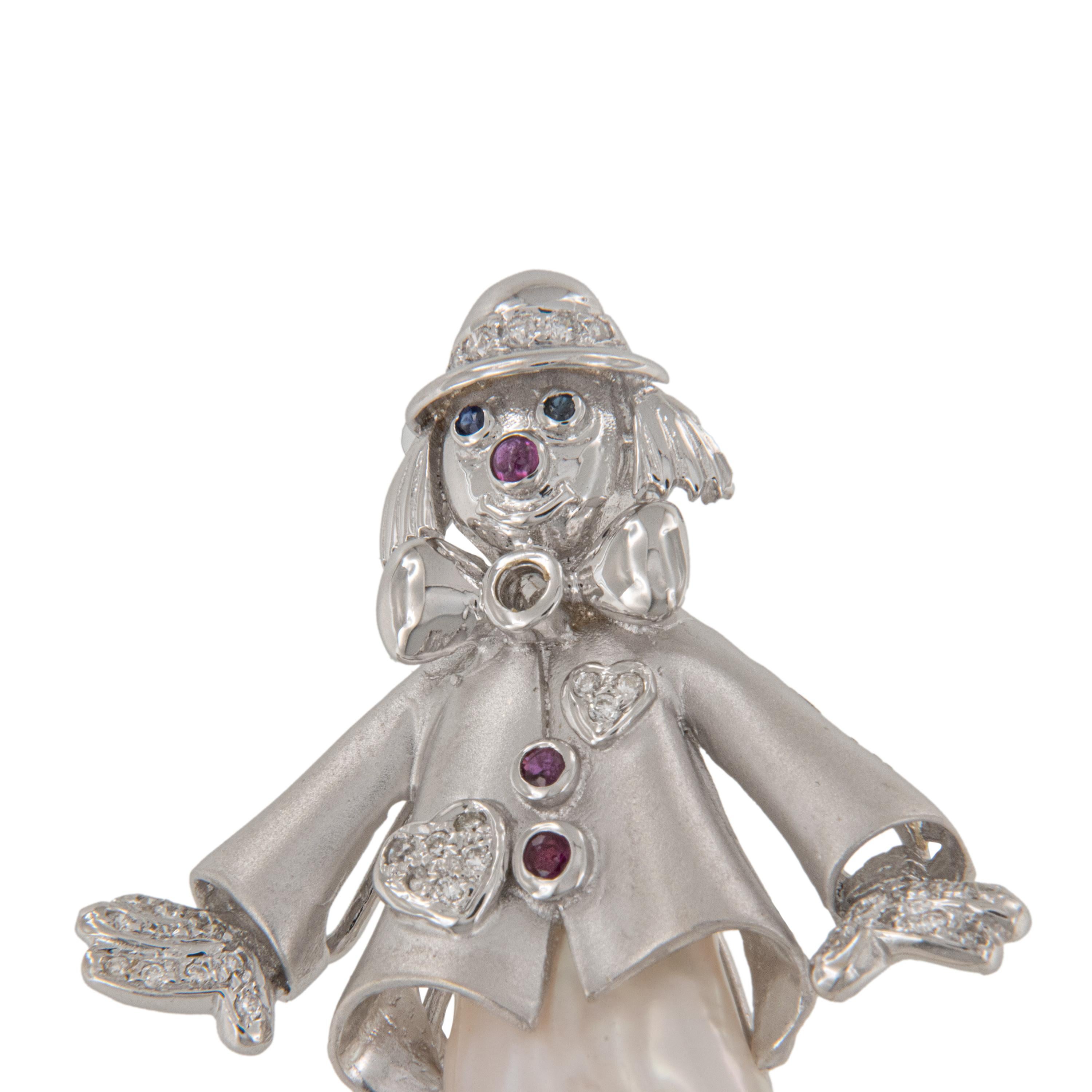 Yvel Payaso de Oro Blanco de 18 Kilates con Diamantes, Zafiros, Rubíes y Perla Contemporáneo en venta